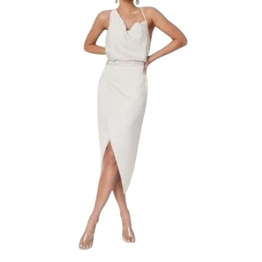 Asymmetric Midi Bridal/Bachelorette Satin Drape Cowl Neck Nude Dress Size 10